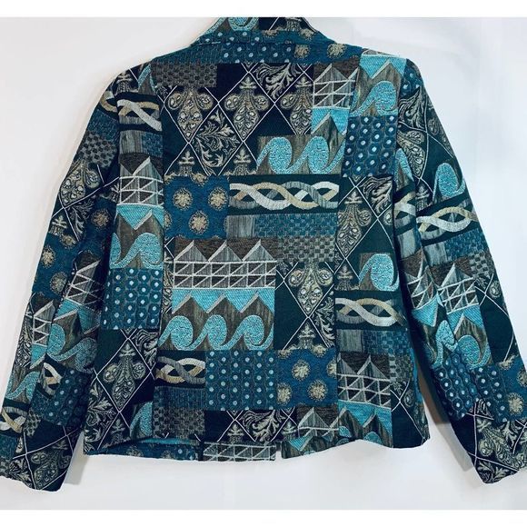 Dress Barn Women's Patterned Collared Full‎ Zip Dress Blazer Jacket Teal Blue M - Picture 4 of 5